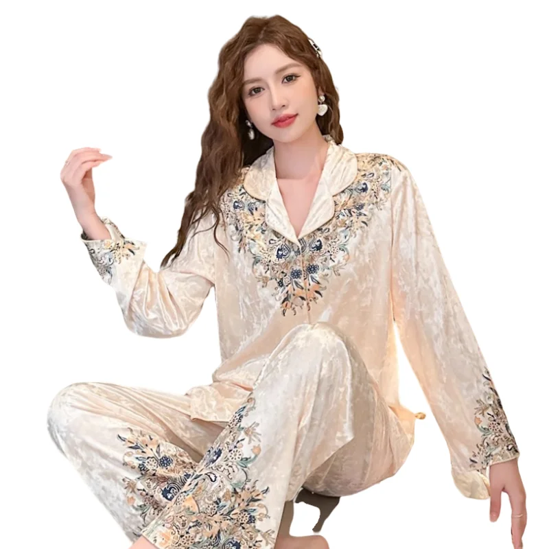 Woodpecker Print Gold Velvet Pajamas Women Autumn High-Grade Floral Small Lapel Light Luxury Long sleeve Homewear Set