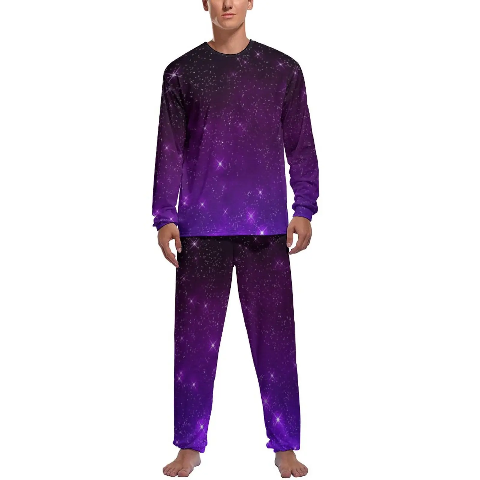Colorful Starry Night Pajamas Mens Purple Galaxy Kawaii Nightwear Spring Long Sleeve 2 Piece Casual Custom Pajama Sets