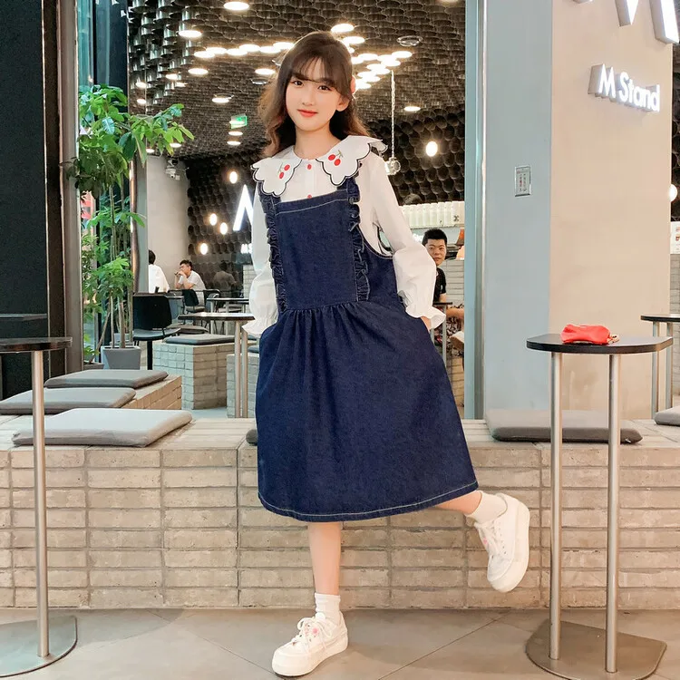 

Детский джинсовый костюм с юбкой на подтяжках, милая рубашка с длинным рукавом для девочек + джинсовая юбка на подтяжках, 2 шт.