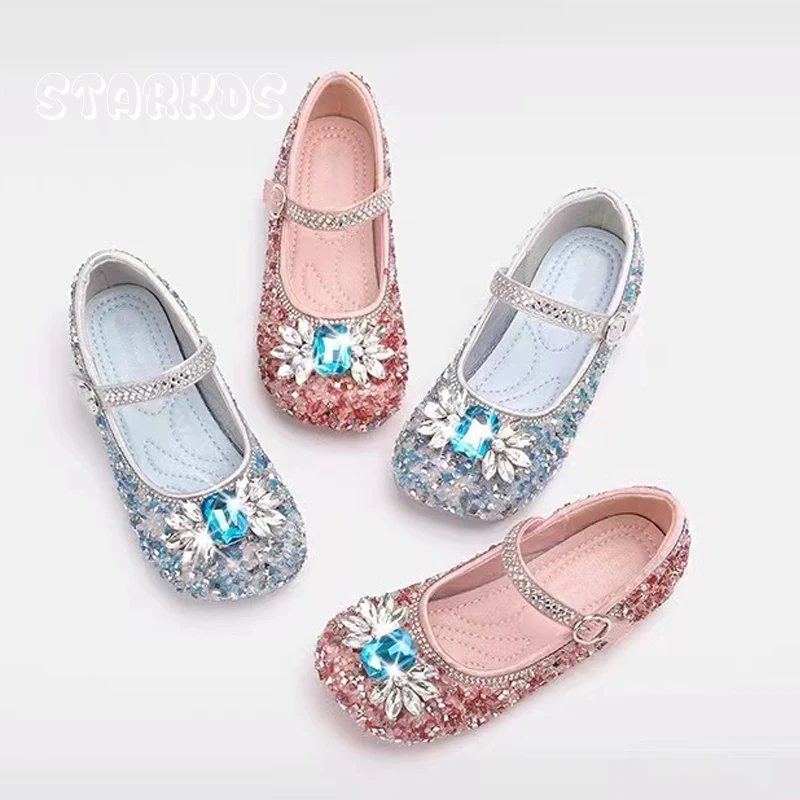 Ice Blue Crystal Shoes Girls Dream Ballet Flats Baby School Performance Princess Ballerinas Kids Party Rhinestone Loafers
