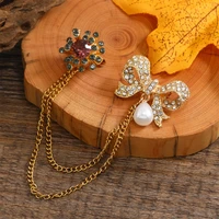 vintage women rhinestone bow tassel chain brooch delicate pearl brooches ladies party simple coat shirt collar pin accessories