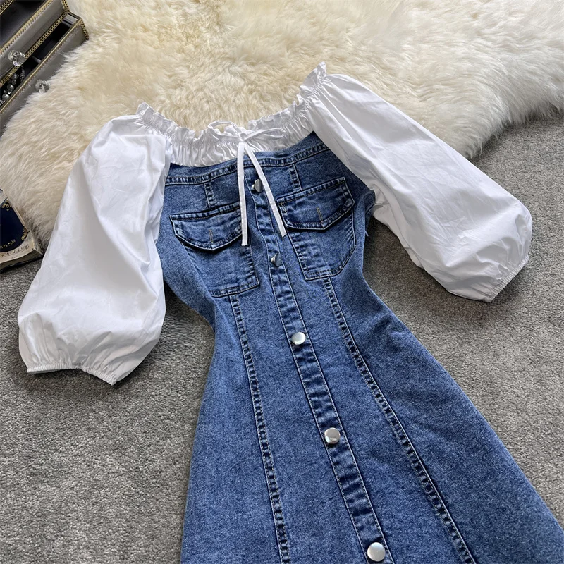 Женская джинсовая рубашка с пышными рукавами однобортное платье высокой талией