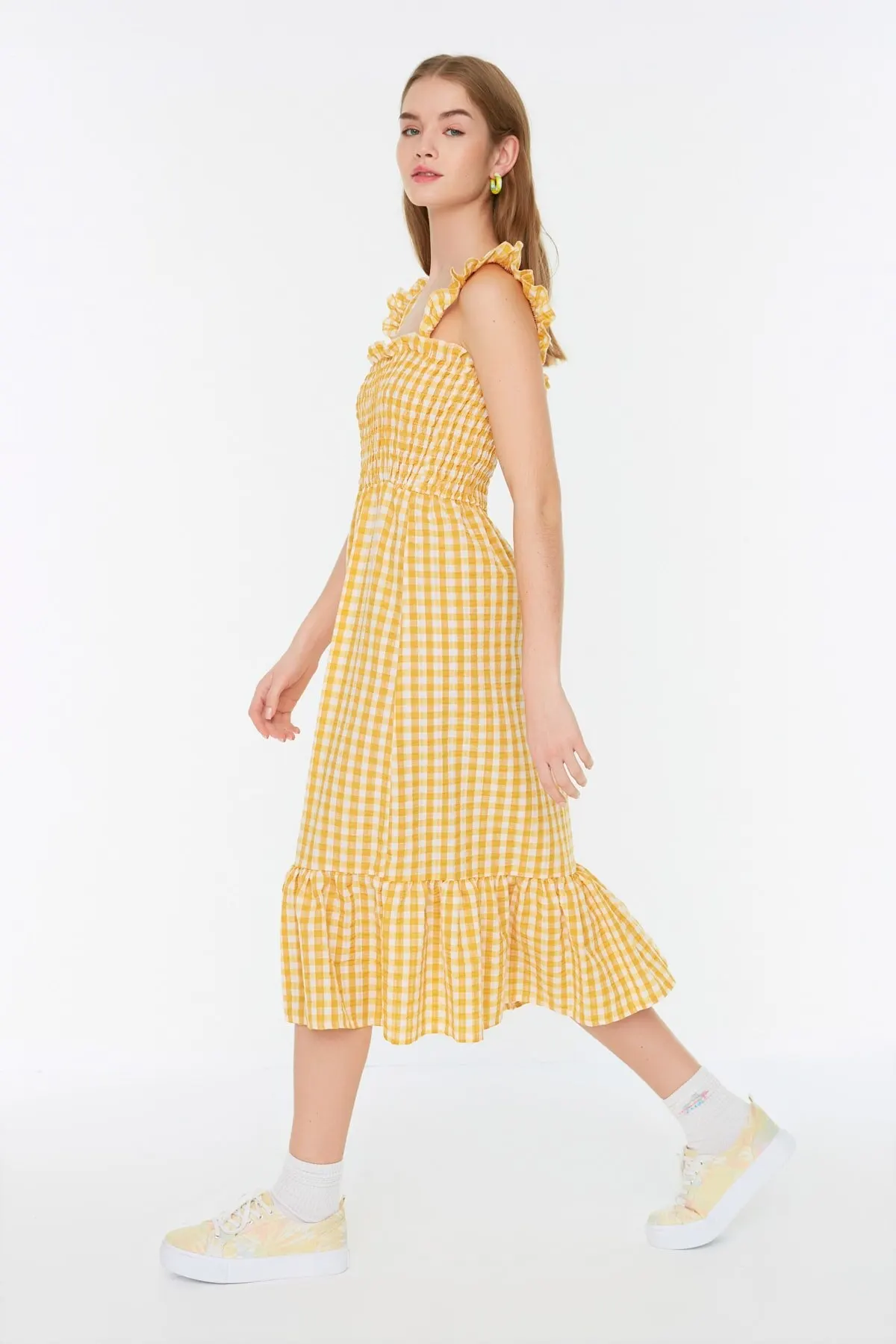 

Women's Dress Yellow Check Elegant Fashion Summer Summer Spring Casual Short Sleeve Stretch Comfortable Boho Dress