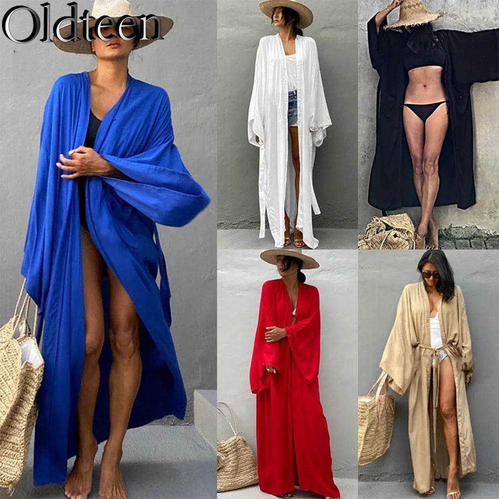 

2023 модное повседневное богемное однотонное платье, длинная Пляжная накидка, женский купальник, свободное летнее платье макси, женская пляжная одежда большого размера