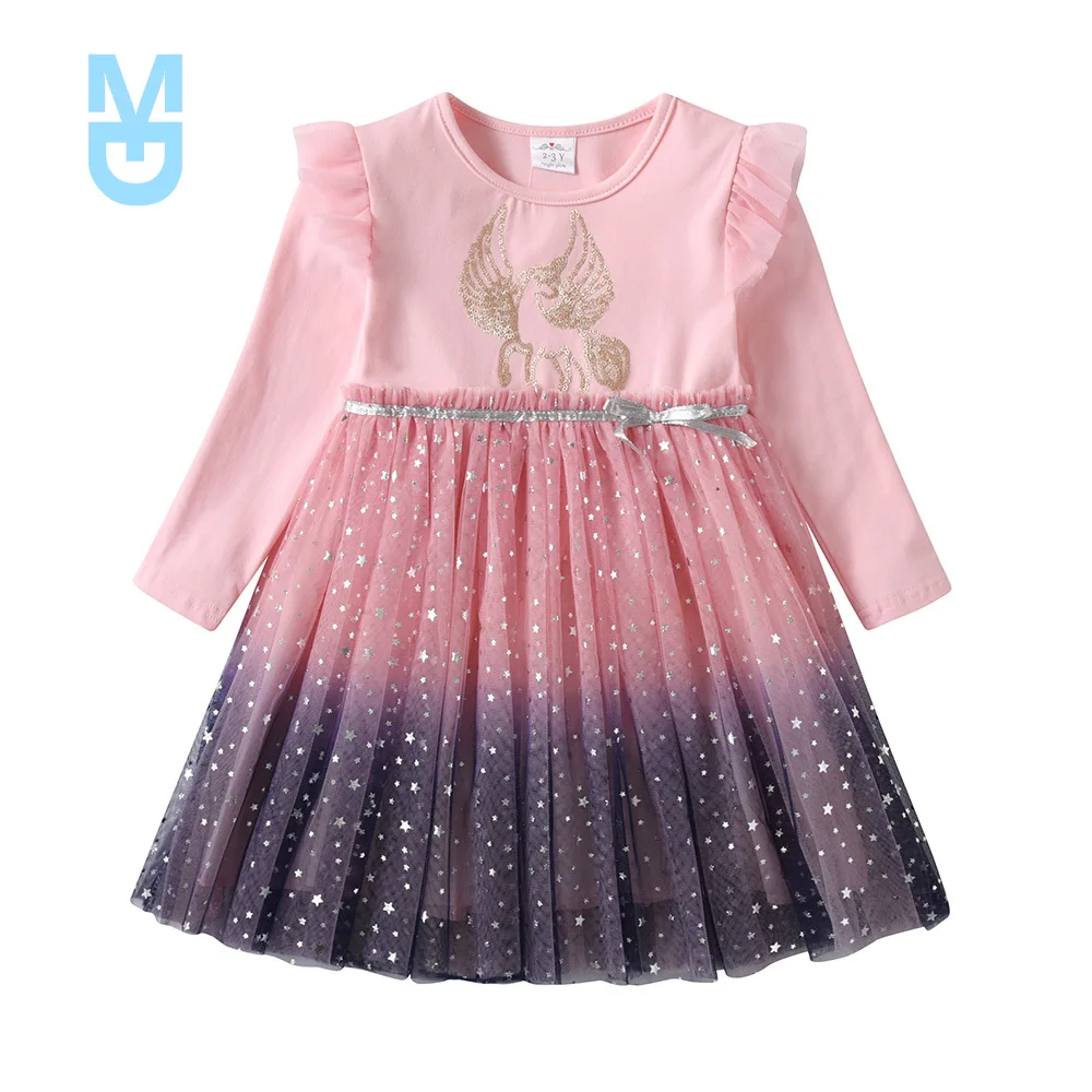 

New Girl Autumn Winter Dress Kids Gradient Long Sleeve Princess Mesh Tulle Dress Kids Unicorn Rabbit Cartoon Elegant Dresses