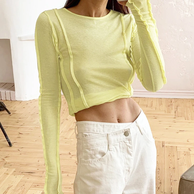 

Summer New Solid Color Fashionable and Versatile Slim Thin Section Long-sleeved T-shirt 2023 Summer Women's Tops Bottoming Shirt