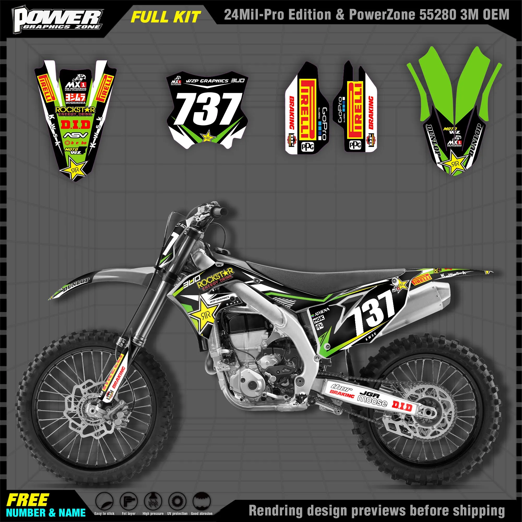 

PowerZone Custom Team Graphics Decals Stickers Kit For Kawasaki Decal 2019 2020 2021 KXF450 2021 2022KXF250 001