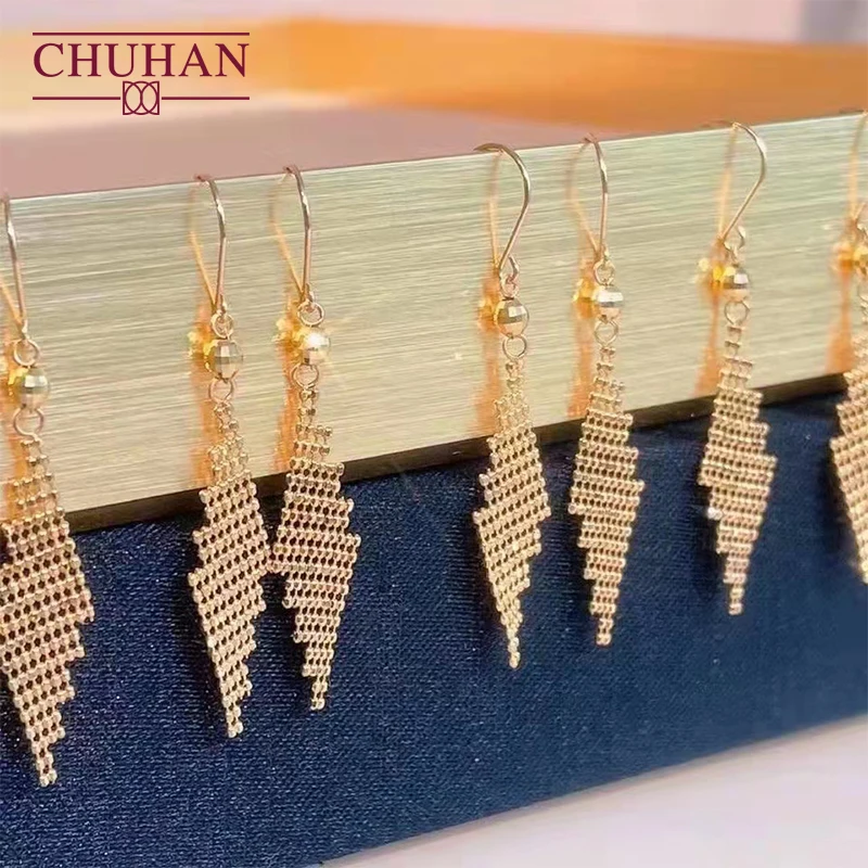 

CHUHAN Real 18k Gold Drop Earrings Shiny Diamond-Shaped Lace Chain Au750 Fashion Romantic 750/1000 Fine Jewelry Gifts For Women