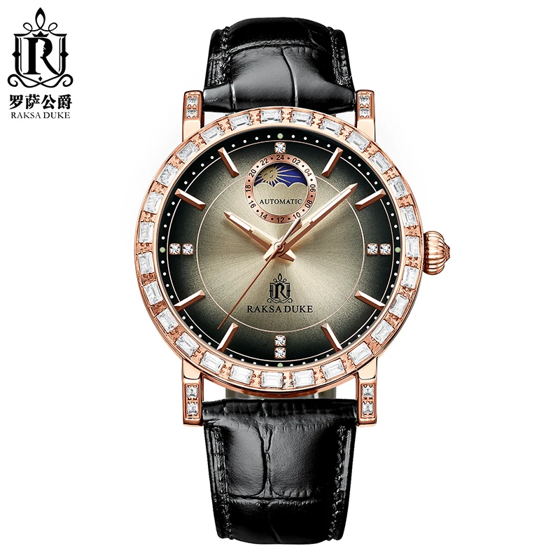 

RAKSA DUKE T911 Automatic Watch Zirconium Diamonds Mens Watch Leather Moon Phase Moon Phase Men Mechanical Wristwatches 2022