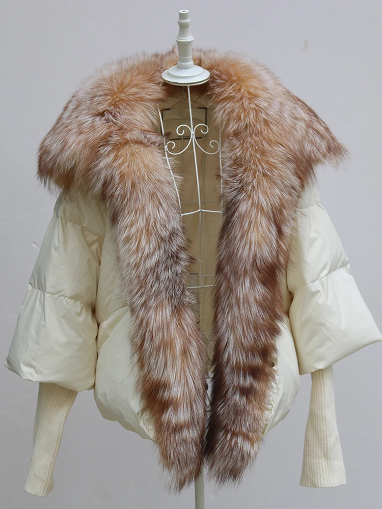 2023 Natural Real Fox Fur Collar White Goose Down Jacket Winter Women Warm Loose Coat Duck Down Thick Luxury Outerwear New Fashi