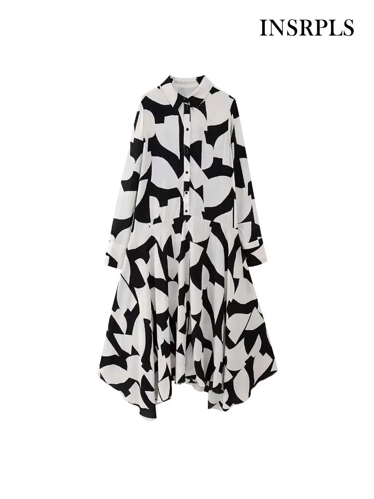 

INSRPLS женское модное Плиссированное асимметричное платье миди с принтом винтажные женские платья на пуговицах с длинным рукавом Vestidos Mujer