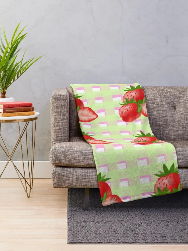 90-е антикварное одеяло с клубничным узором на мятном графике для декоративного