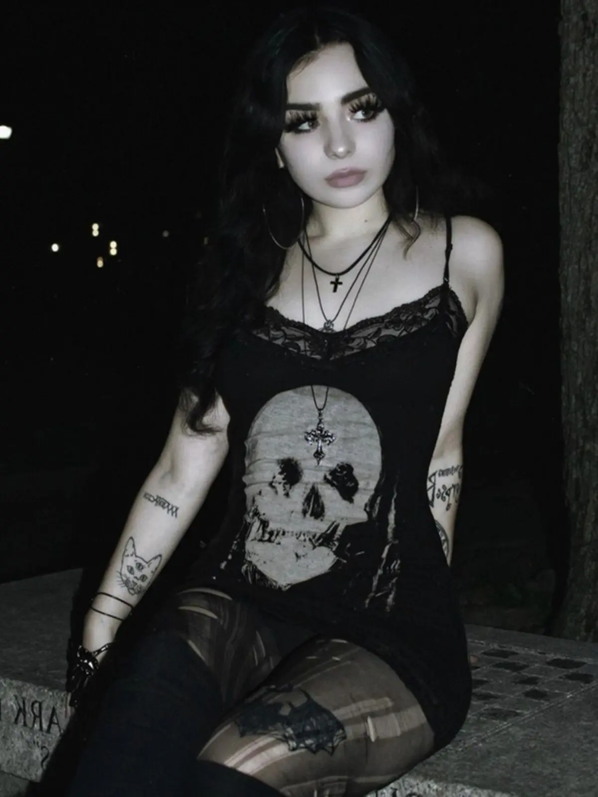 Фото Женское облегающее платье в стиле Dark Alt Hot Girl, сексуальное черное платье с принтом черепов, готическое платье-комбинация Y2K Gyaru E-girls, мини-платье для женщин на лето №5