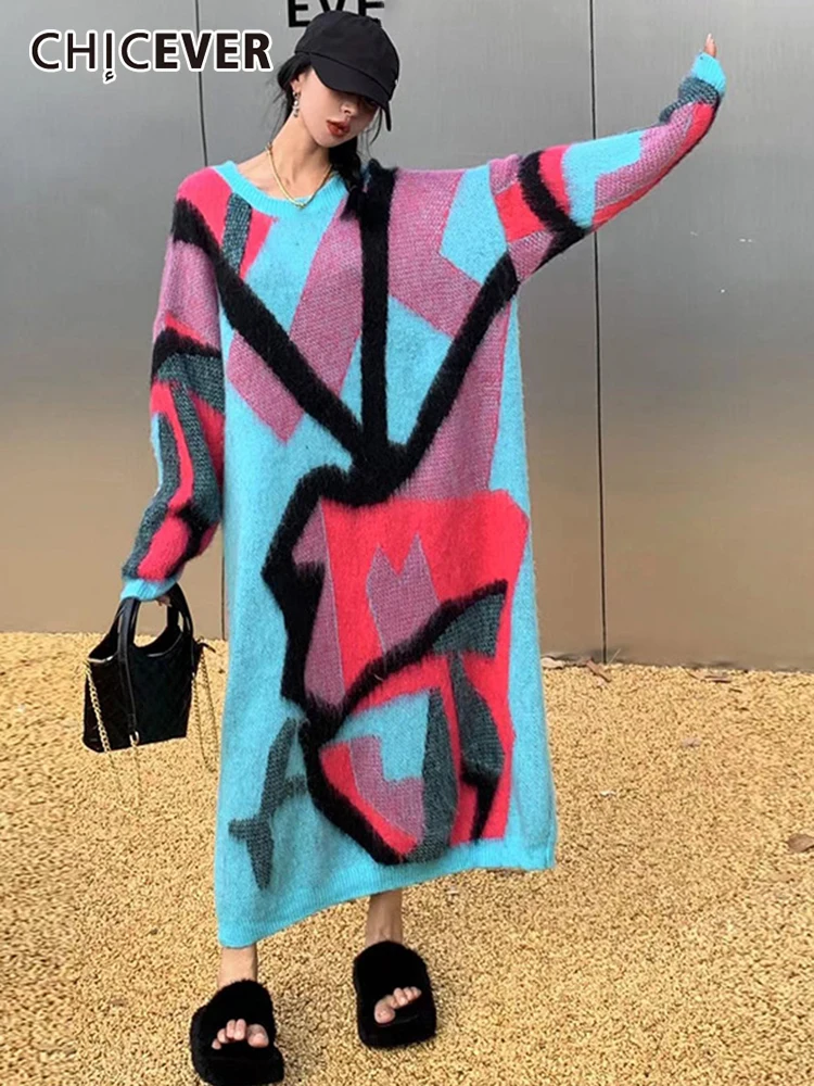 

CHICEVER Hit Color Dresses For Women Round Neck Long Sleeve Knitting Pullover Loose Dress Female Autumn Clothing Fashion 2022