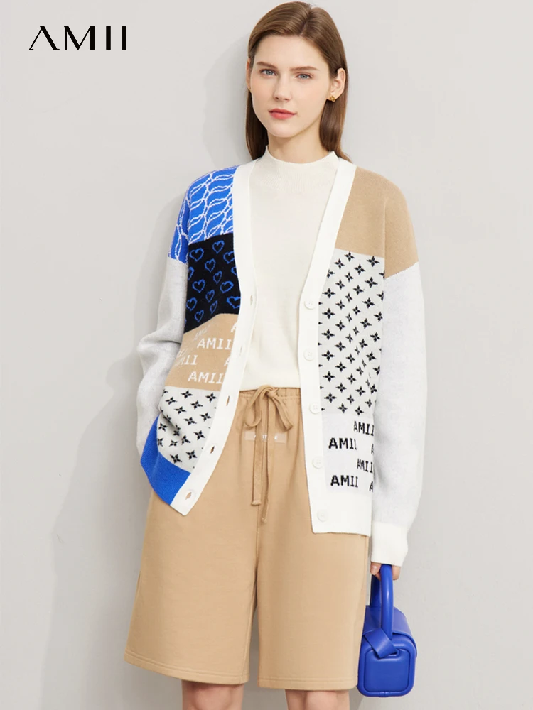 

Женский однобортный вязаный кардиган AMII, минималистский свитер в стиле пэчворк, Осень-зима 2022