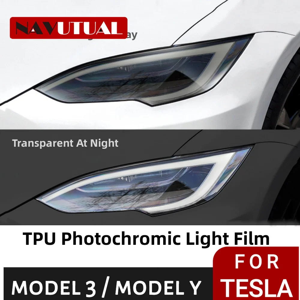 

Front Headlamp Sticker For Tesla Model 3 Y 2017 - 2023 Taillight Light-sensitive TPU Smoke Black Headlights Protector Film