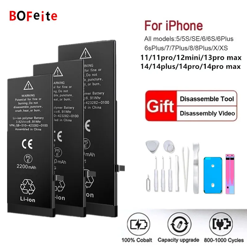 BoFeite Mobile Phone Battery For iPhone  5 5S 5C SE 6 6S 7 8 Plus X XR XS 5G 7G 6G 11 Pro Max 6P 6SP Replacement