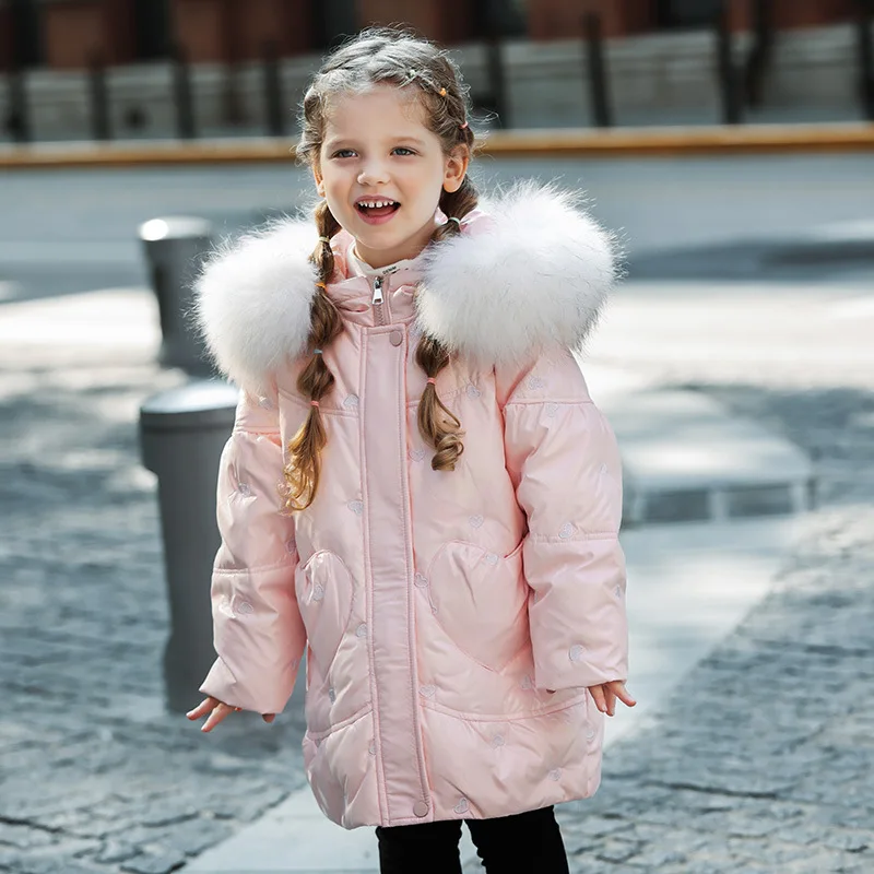 2022 Winter new children's down jacket Girls fashion  pink warm  thick coat Kids hooded real fur collar duck down coat Purple