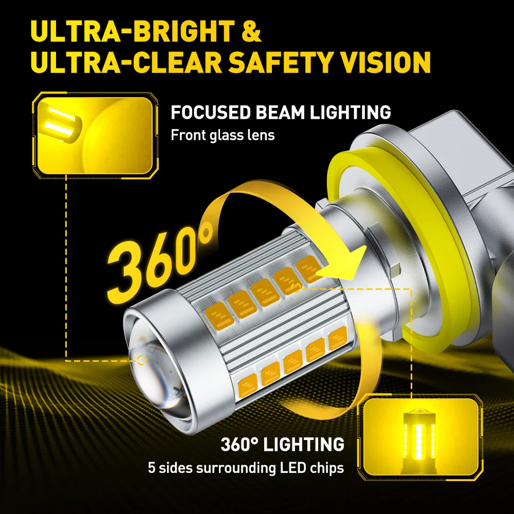 Фото AUXITO 6G27 Противотуманные фары H8 H9 H11 H16JP 9006 HB4 LED Canbus 3000k Желтый 12 В Противотуманные фары с линзой 360 Мини-проектор Автомобильные лампы Комплект №2