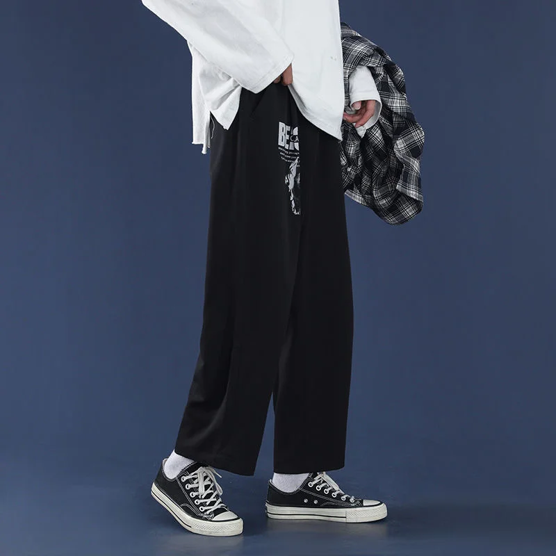 

Printed Casual Pants Mens Loose Drape Straight Wide-leg Trousers Fashion Spring Summer Solid Color All-match Elastic Waist Pants