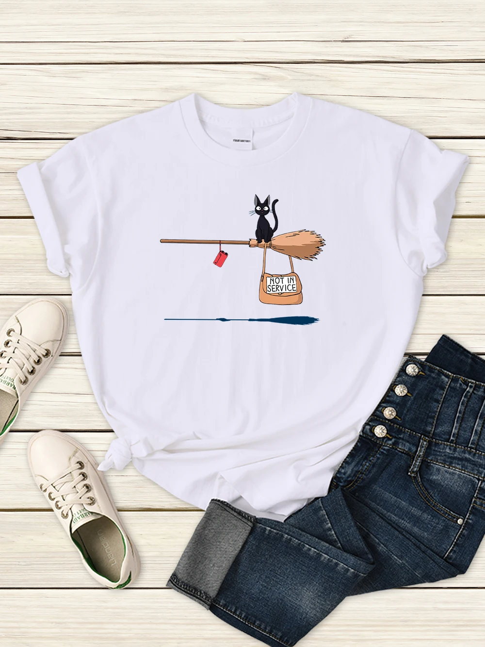 

Служба доставки Kiki'S, футболка «Кот на волшебной метле», Женская шикарная футболка с графикой, уличная модная одежда, летняя забавная футболка с коротким рукавом