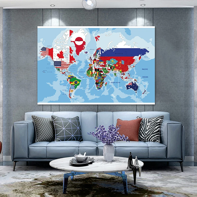 

130*90cm The World Map National Flags Canvas Painting Wall Art Poster Living Room Home Decoration School Supplies