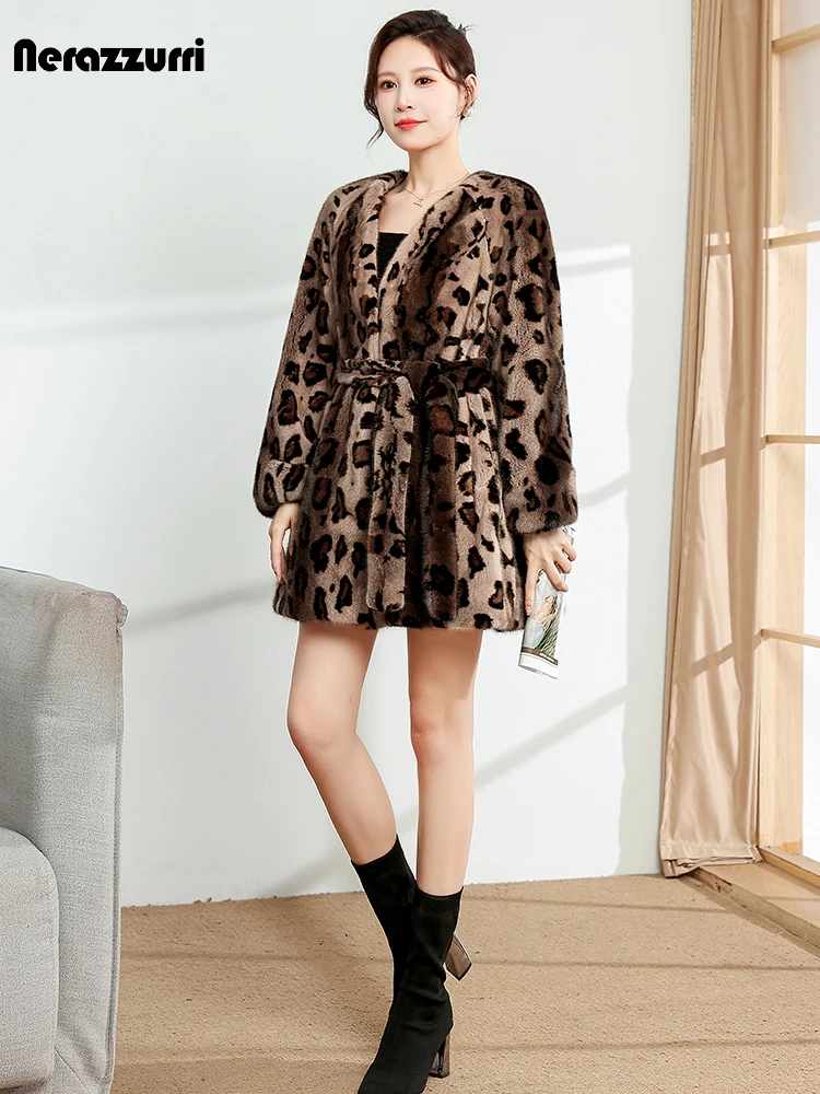 

Nerazzurri Winter Elegant Luxury Thick Warm Soft Colorful Leopard Print Real Mink Fur Coat Women with Deep V Neck Sashes 2023