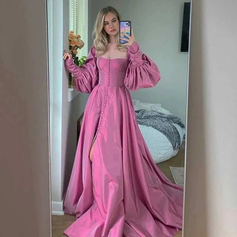 

Elegant Pink Prom Dress Bishop Sleeves High Slit Taffeta Formal Evening Dresses Sweetheart A-line Long Party Gowns with Buttons