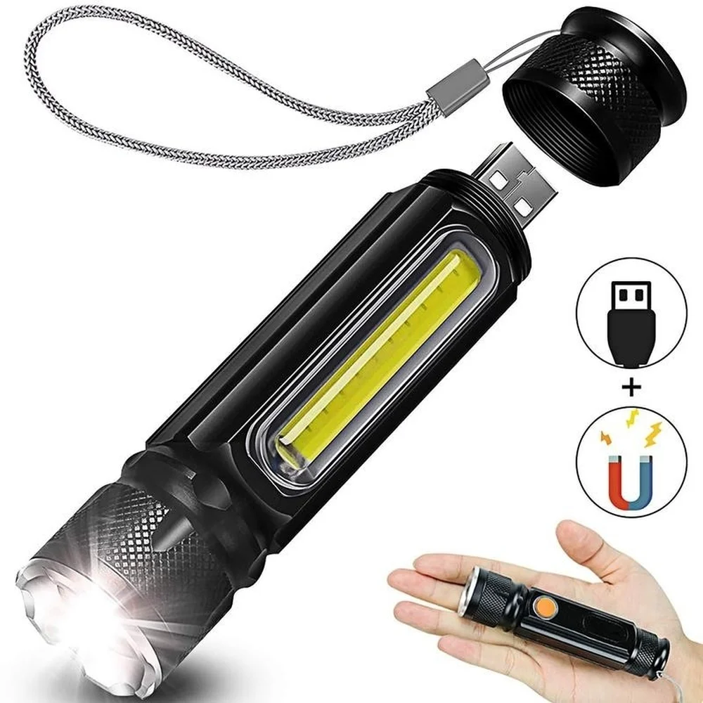 

Strong Light Led Usb Rechargeable Flashlight Magnetic Torch Lanter Zoomable Flashlight Cob Zoom Highlight Outdoor Lighting Hot