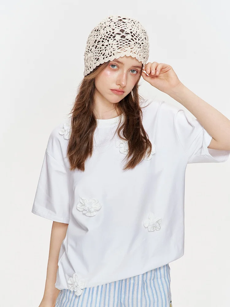Kroche 24ss Romantic Encounter Three-Dimensional Beaded Flower round Neck Loose Short sleeve T-shirt