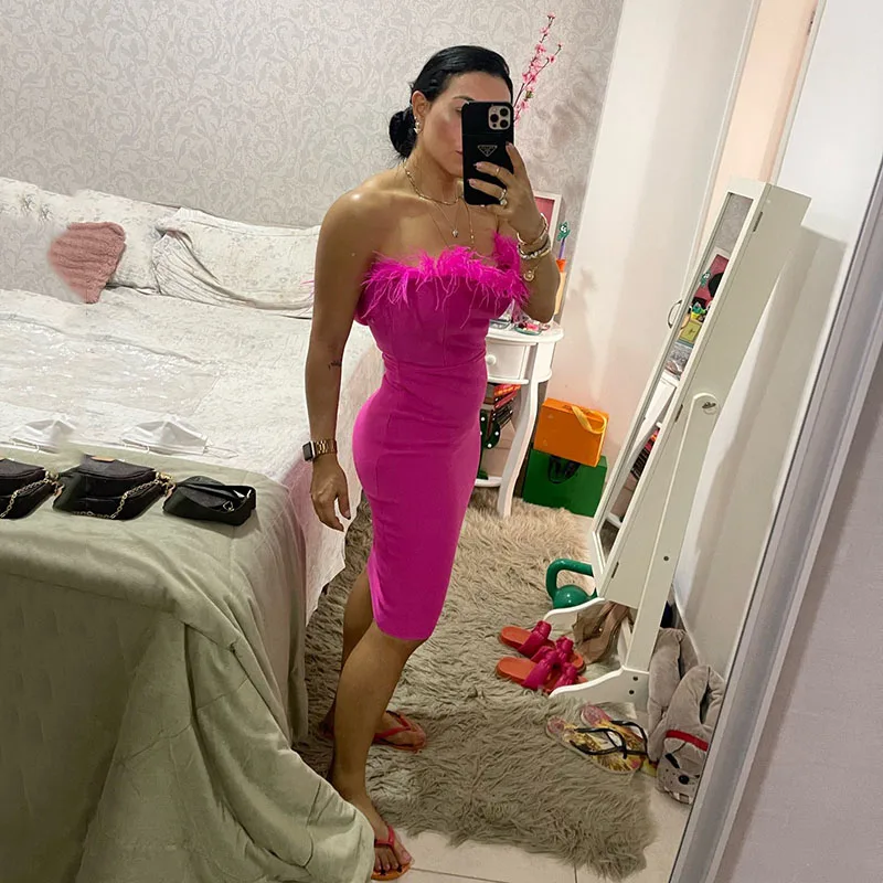 New Summer Sexy Strapless Backless Feather Black Midi Women Bodycon Bandage Dress 2022 Designer Fashion Party Club Dress Vestido