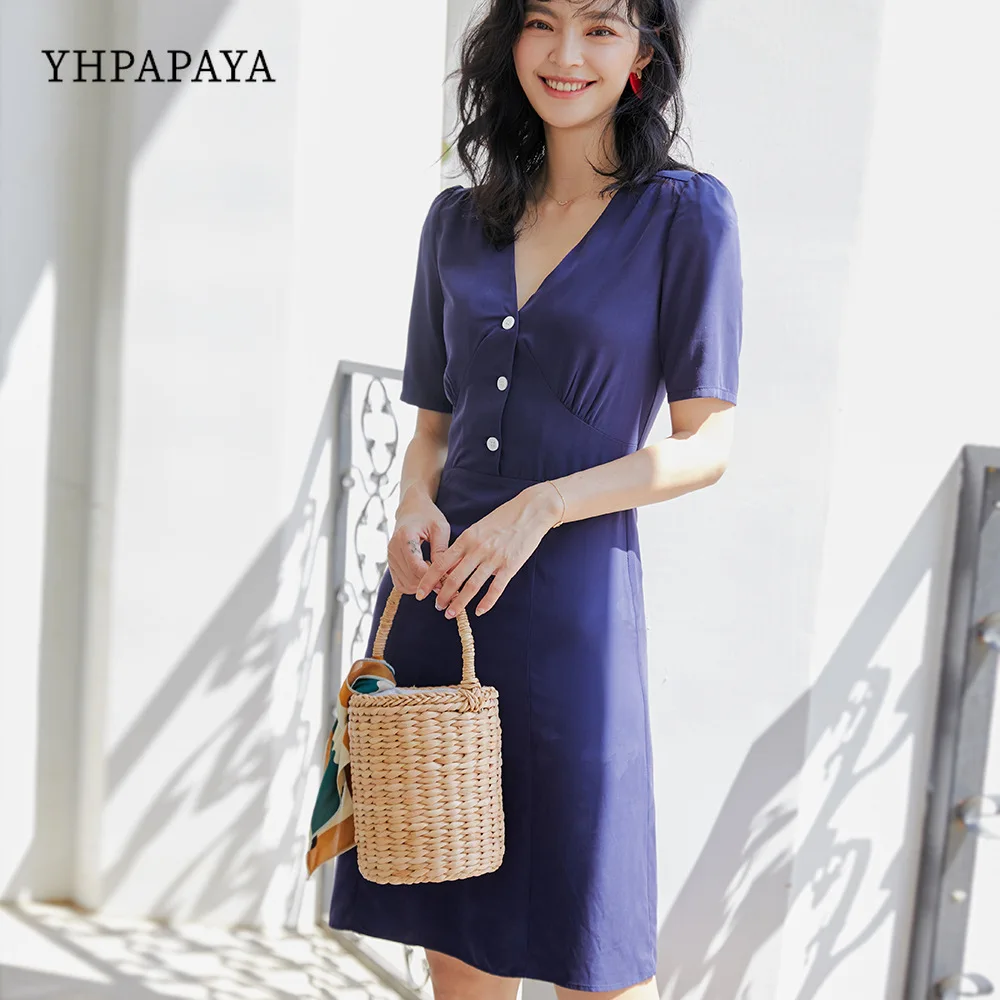 

YHPAPAYA High Quality Summer Dresses 2022 Women's Elegant Casual Vintage Fashion Party V Neck Button Mini Dress Lady Vestidos