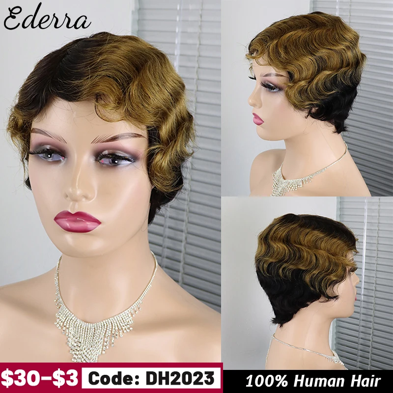 

Short Finger Wave Cheap Wigs Pixie Cut Wig Short Human Hair Wigs Machine Made Mix Color Brazilian Pixie Cut For Women Human Hair