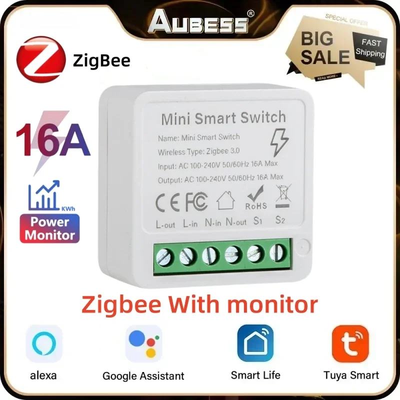 

TUYA 16A Zigbee Mini Smart Switch с монитором мощности, двустороннее управление, модуль «сделай сам», голосовое управление, работа с Alexa Google Home Alice