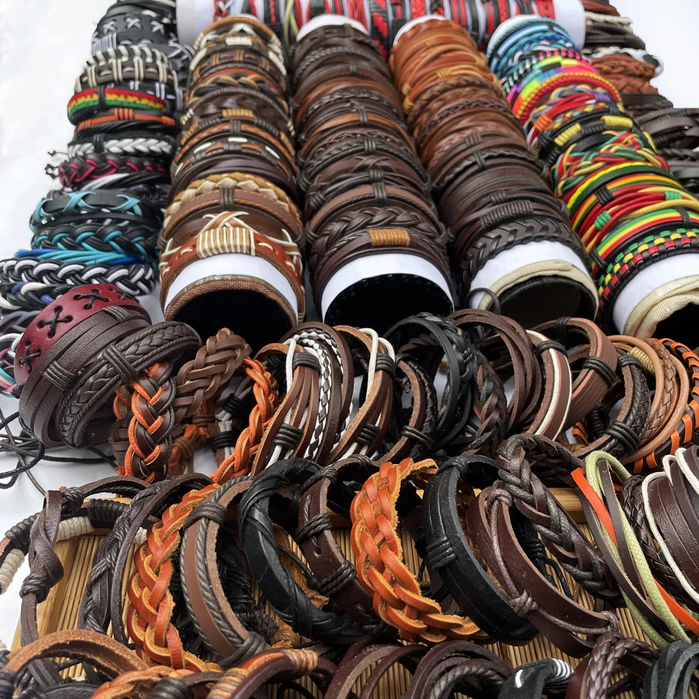 

Random 200Pcs/lot Fashion Weaving Multilayer Leather Bracelet Wholesale Handmade Mens Bracelets Ethnic Tribal Wristbands- WP30