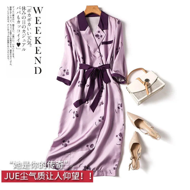 

Vestidos Femininos Frete Grátis Silk STRAIGHT Mid-Calf Turn-down Collar Lace-up Three Quarter Sleeve Dress for Women