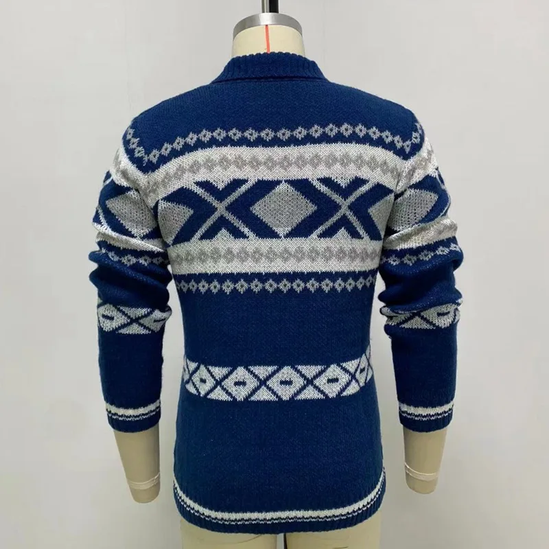 Autumn Winter Knitting Coat Sweater Men Slim-Fit Printed Cardigan Jacket Men Fashion Long Sleeve Zipper Turn-down Collar Sweater