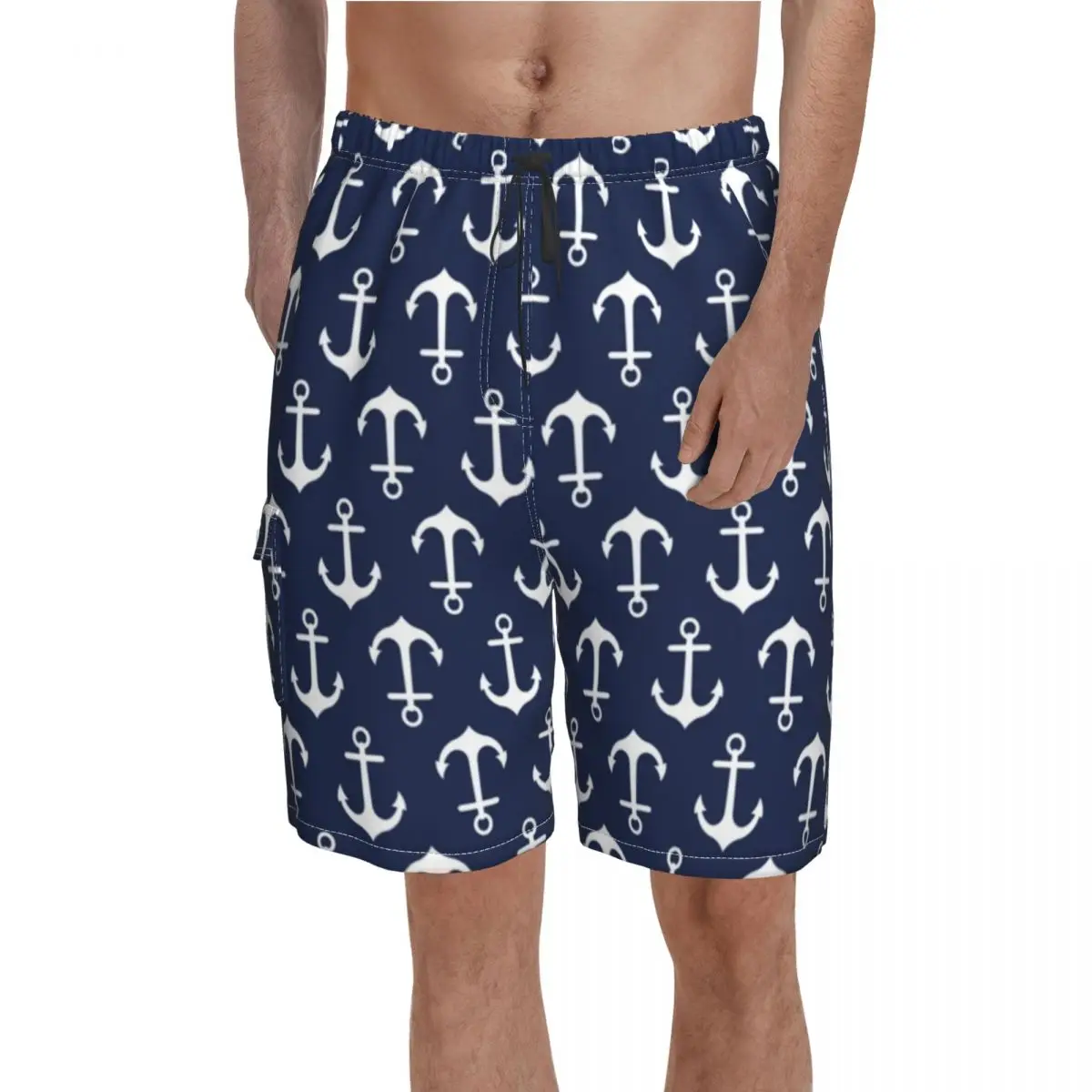 Navy Blue Nautical Board Shorts Anchor Pattern Beach Short Pants Hot Sale Men's Funny Print Swim Trunks Big Size 2XL