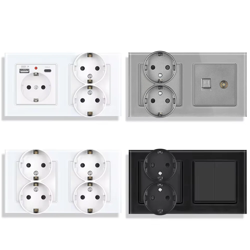 Фото SRAN EU Настенная двойная розетка 16A 250V 153*82mm Панель из закаленного стекла с USB type-c Электрическая розетка-переключатель ТВ Rj45 для дома №1