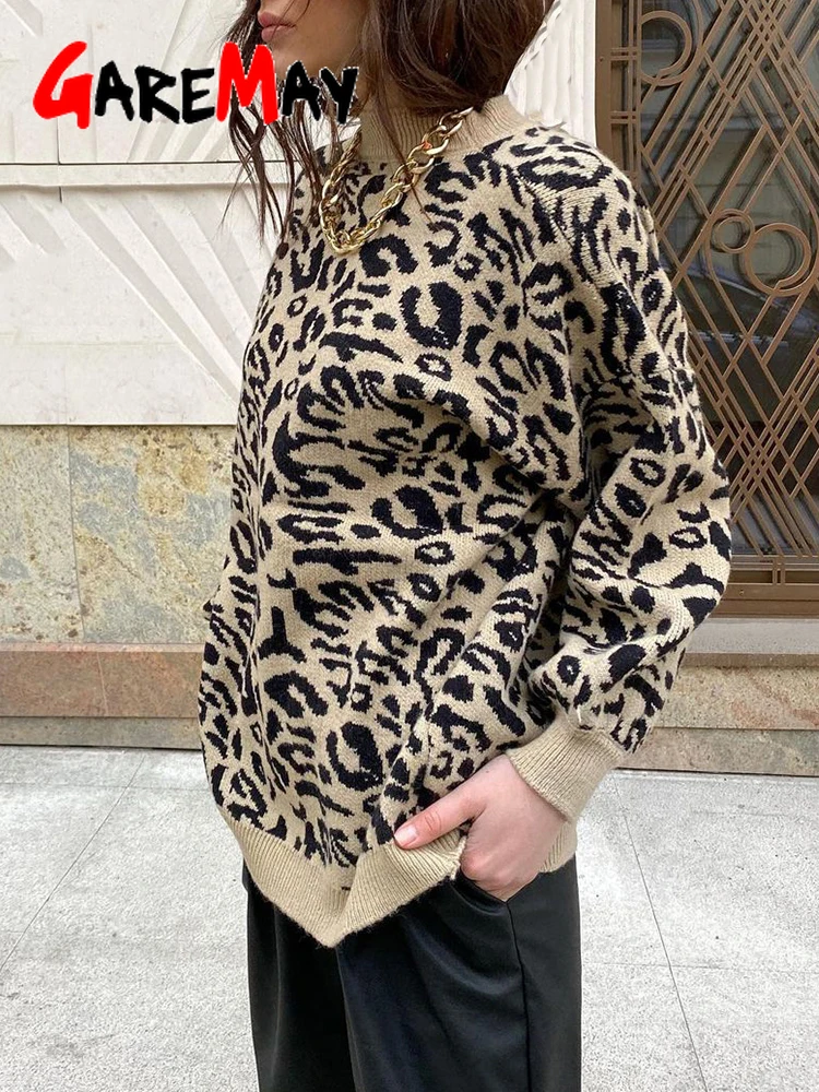 

Sweater Women Turtleneck Leopard Knitted Sweater Animal Print Winter Thick Female Pullovers Casual Tops Oversized Sweater