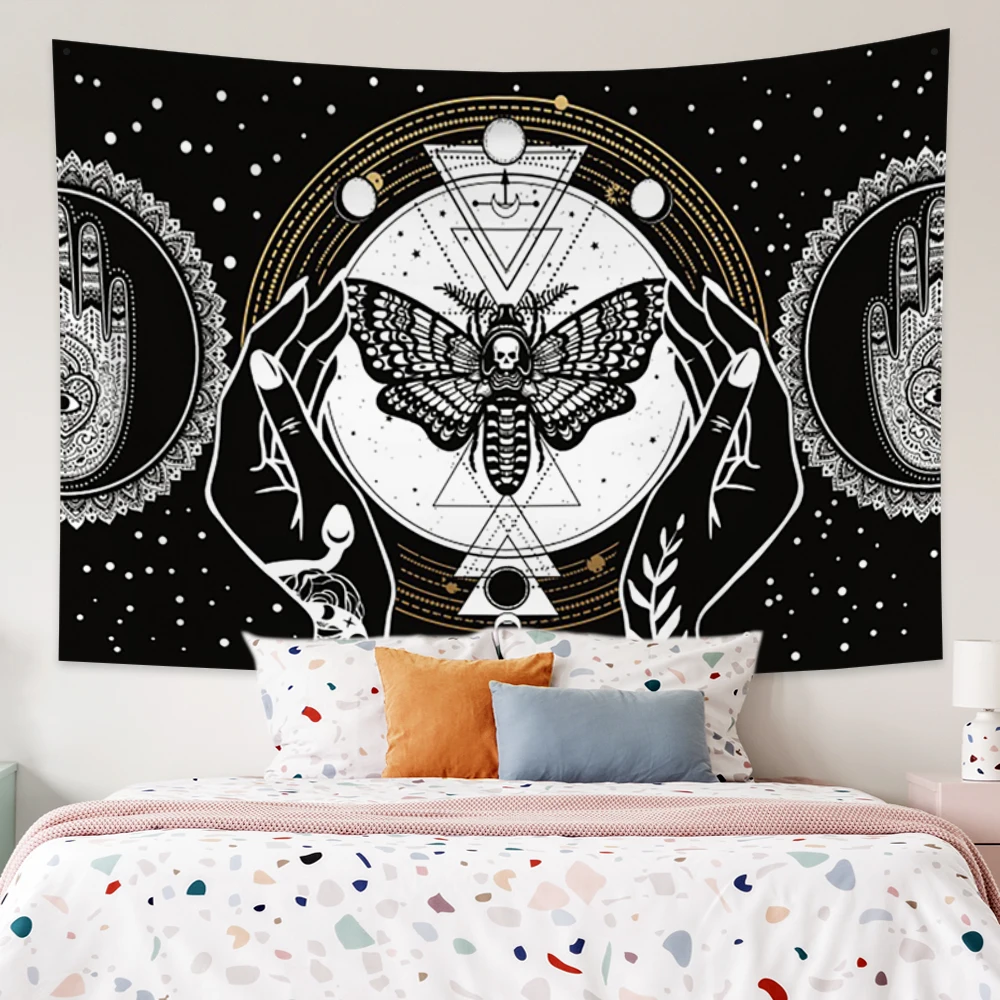 

Gothic Witchy Butterfly Moth Tapestry Mystical Moth Skull Dead Head Tapestry Black and White Goth Dorm Decor Wall Hanging