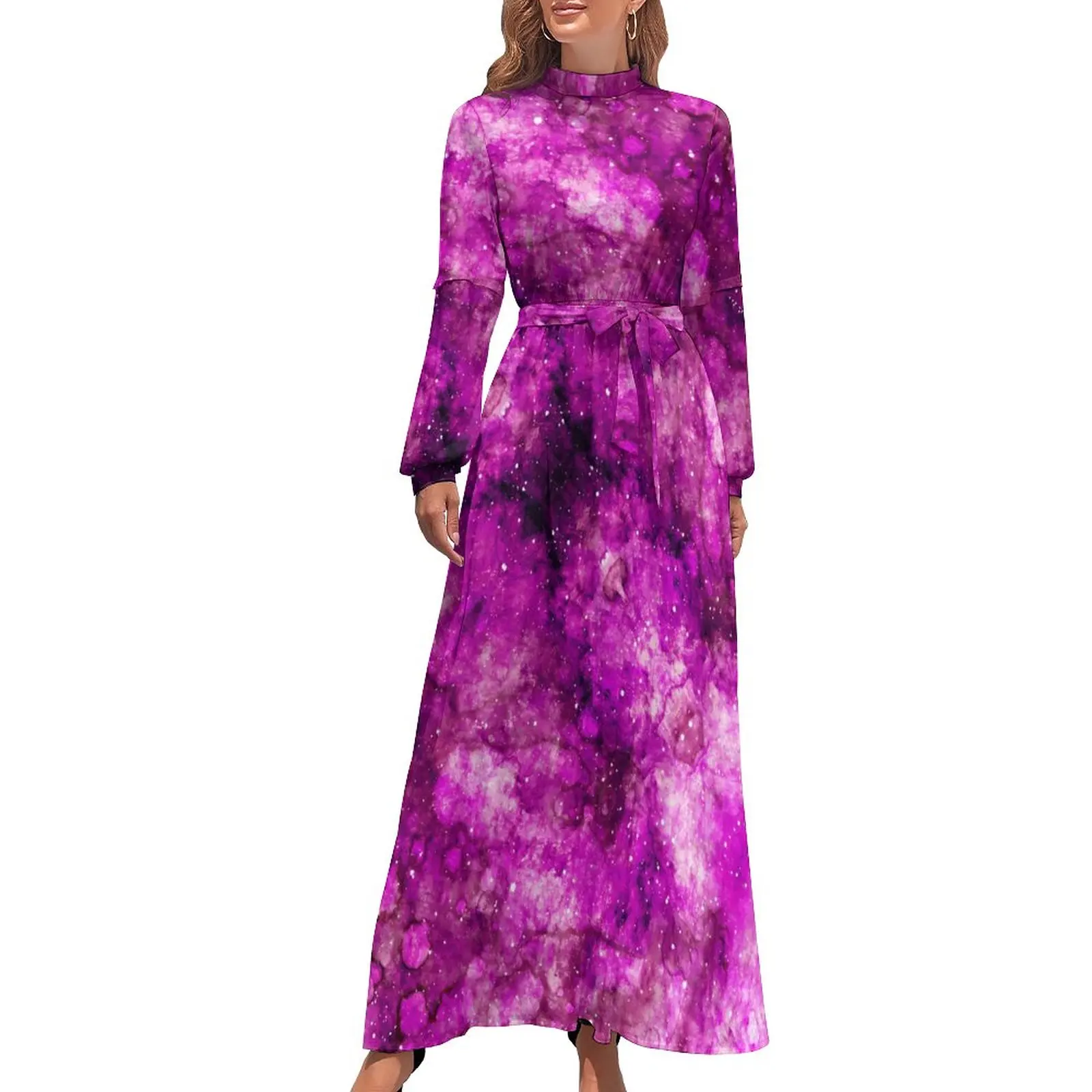 

Outer Space Purple Dress High Waist Abstract Art Print Graphic Beach Dresses Long Sleeve Stylish Long Maxi Dress Kawaii Clothes