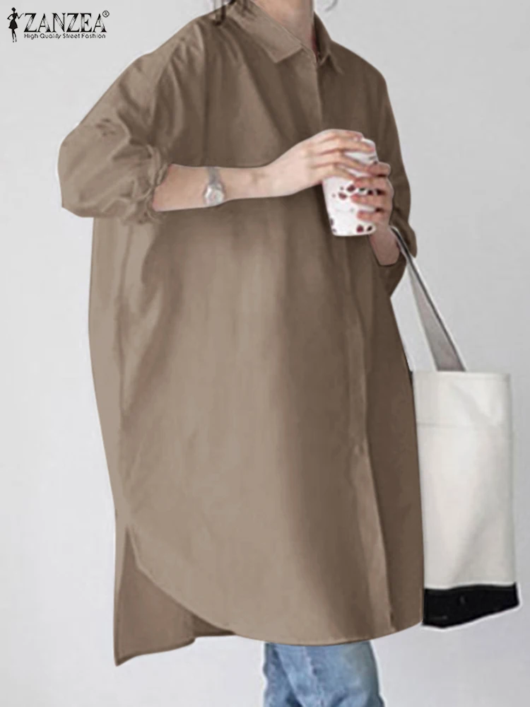 

ZANZEA Femme Casual Loose Work OL Tops Tunic Oversized Solid Blusas Summer Women Fashion Blouse Lapel Neck Long Sleeve Shirt