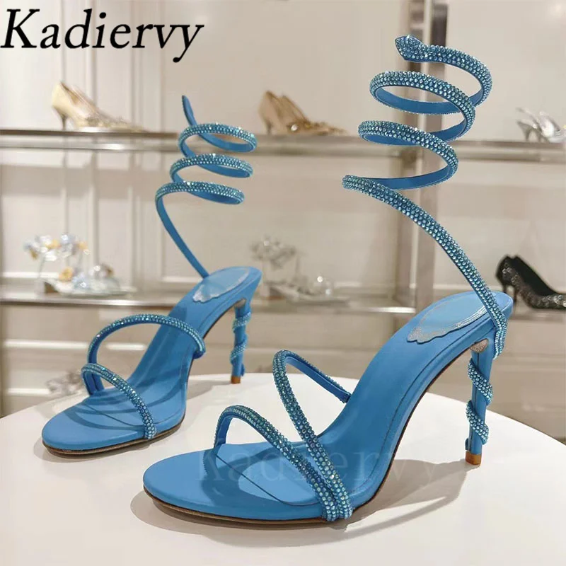 Сандалии женские на высоком каблуке пикантные строгие босоножки со стразами