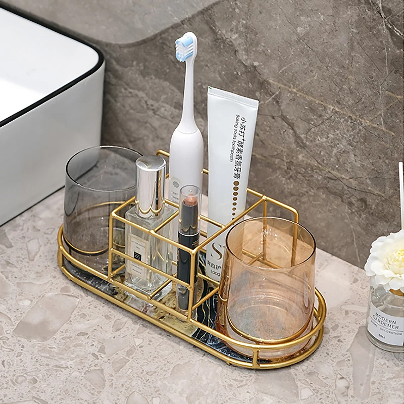 

Luxury Golden Metal Glass Toothbrush Holder Bathrooms Wall Mounted Organizer Holder Home Toothpaste Mouthwash Cup Storage Shelf