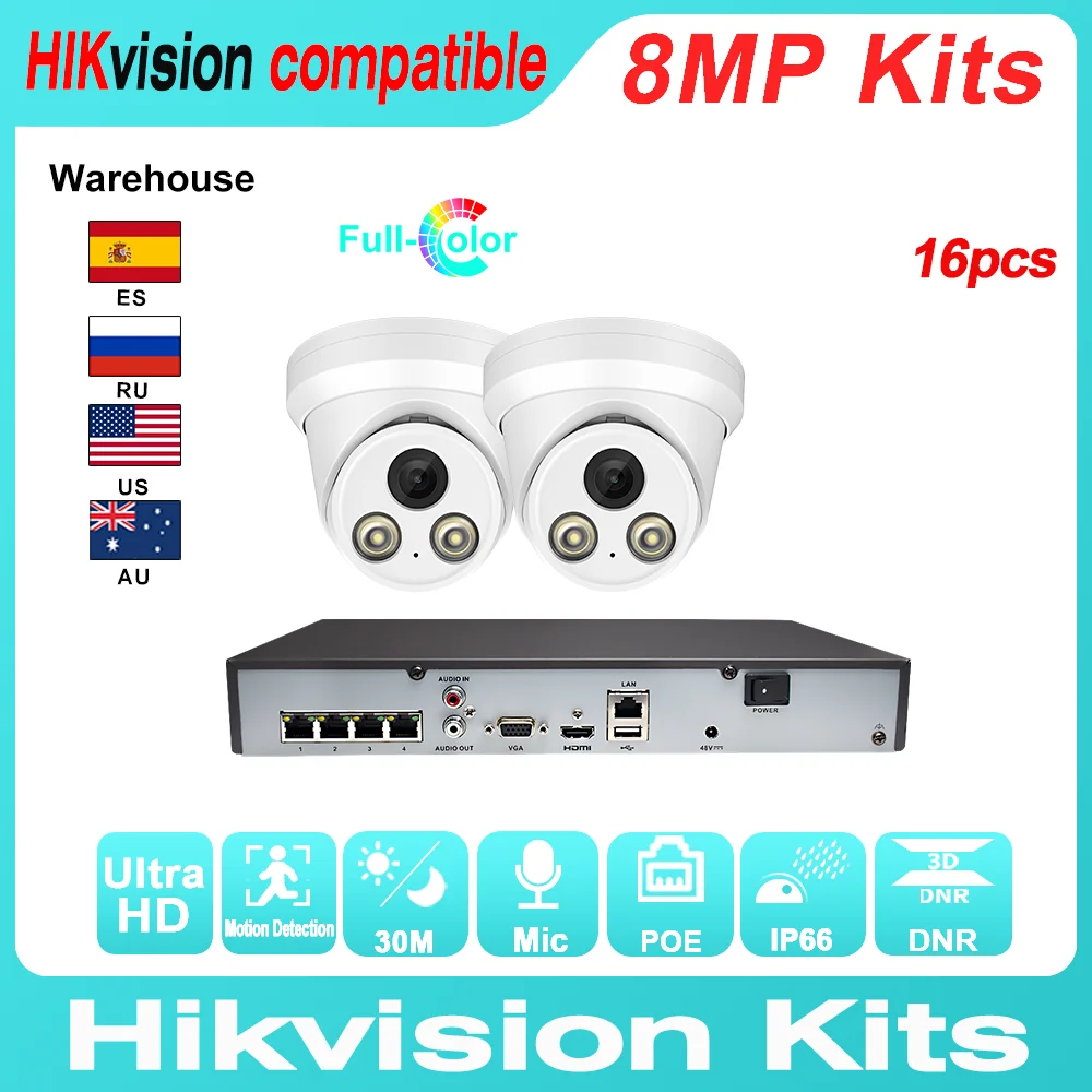 

Hikvision Compatible Kits 2PCS 8MP POE IP Camera ColorVu & Hikvision 4CH POE NVR DS-7604NI-K1/4P DIY Video Security CCTV System