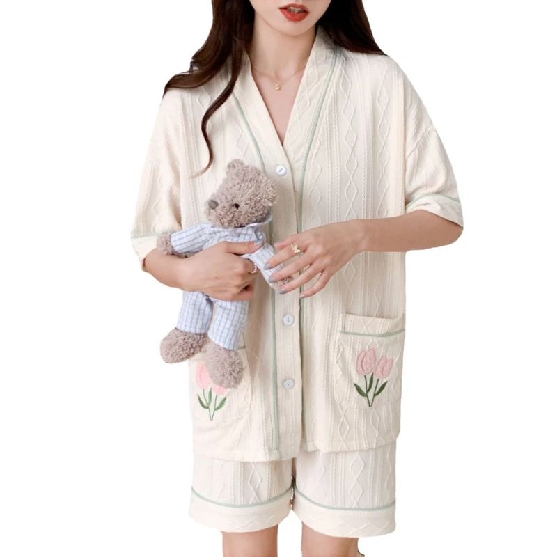 2023 New Pajamas Women's Summer Cardigan Sweet and Cute Thin Section Loose Can Be Worn Outside Homewear Girl Suit Leisure Wear