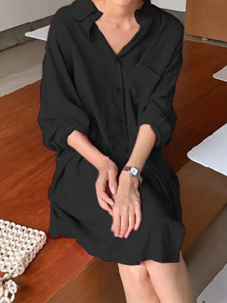 Женское Однотонное Платье-рубашка Zanzea Летнее Платье Миди В Корейском Стиле С