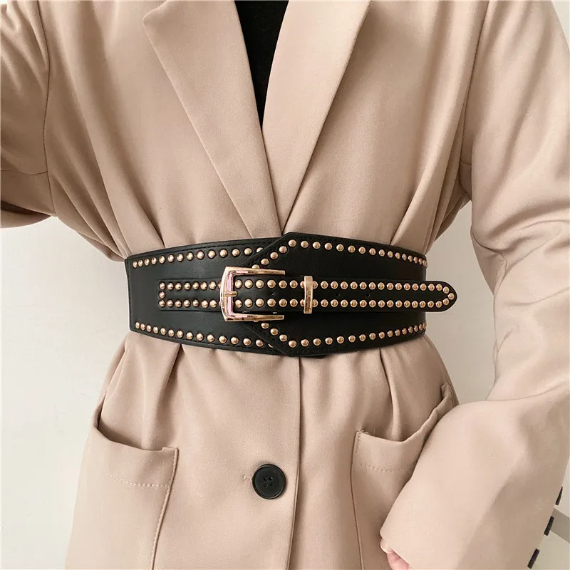 X6000 Lady Rivet Belt Decoration Corset Belts Wide Fashion Versatile Elastic Waist Rivet Belt Waist Outside Rhinestone Belts