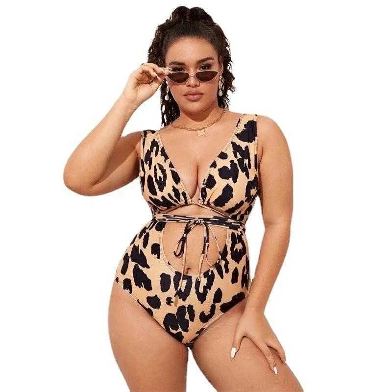 

Plus Size One Piece Bikini Leopard Print Printed Sexy Hollow Out Swimsuit Women